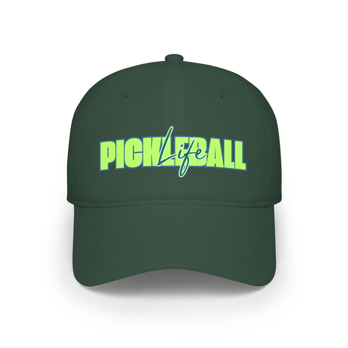 Pickleball Life Bold Green & Blue Script - Low Profile Baseball Hat - Dark Green - Front - PeaMacTees