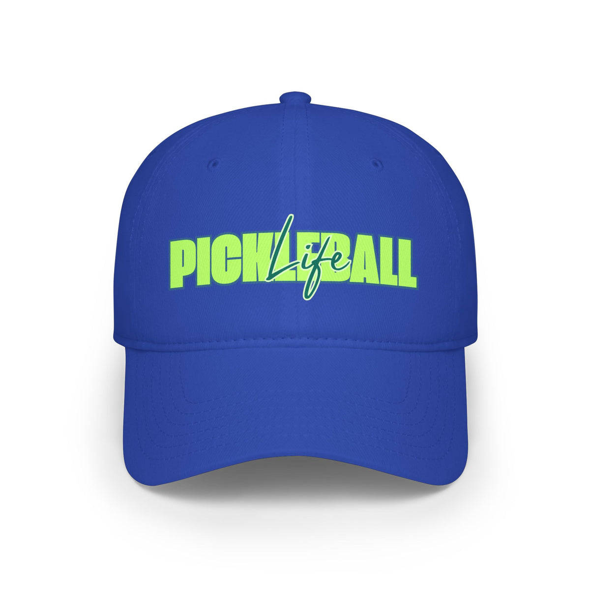 Pickleball Life Bold Green & Blue Script - Low Profile Baseball Hat - Royal - Front - PeaMacTees