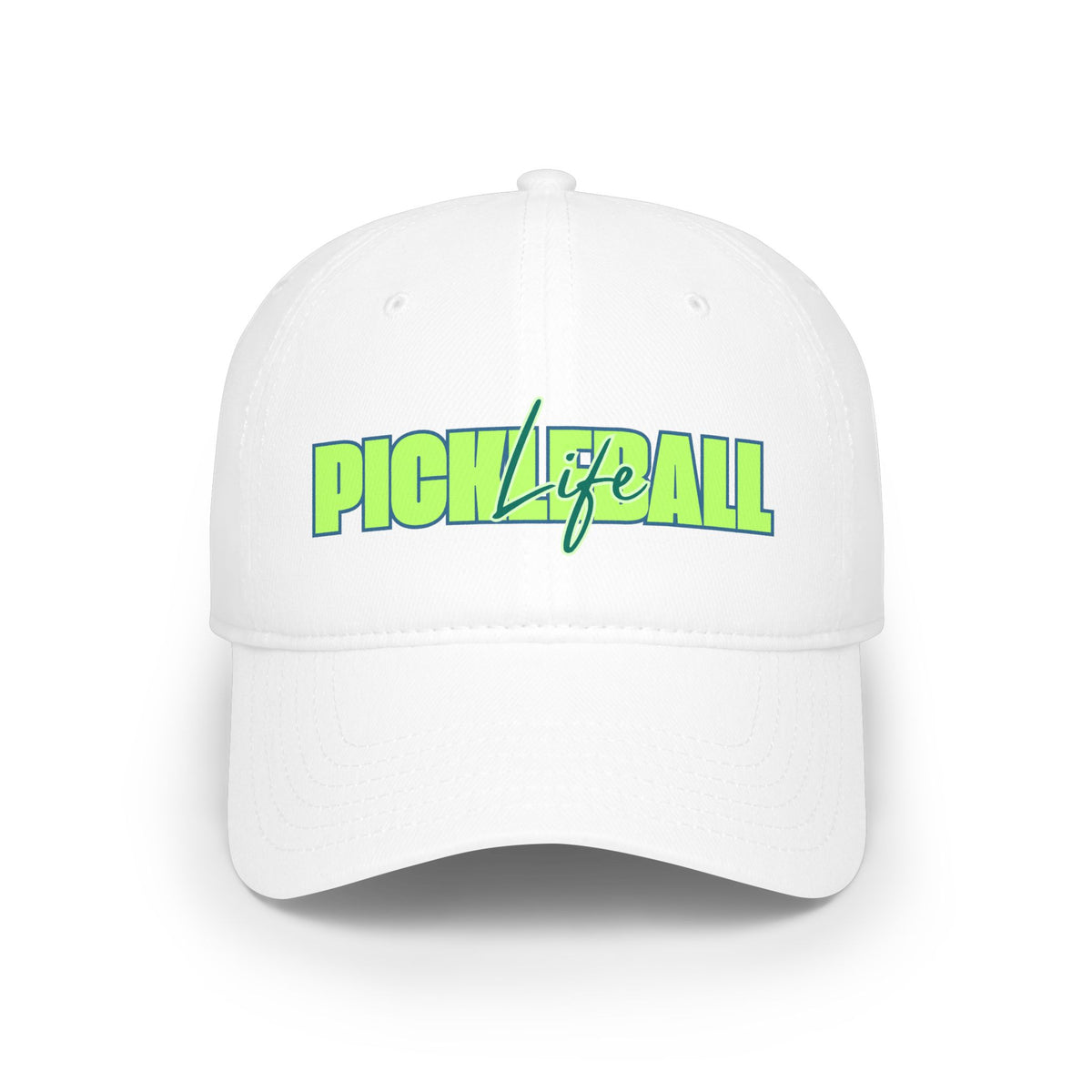 Pickleball Life Bold Green & Blue Script - Low Profile Baseball Hat - White - Front - PeaMacTees