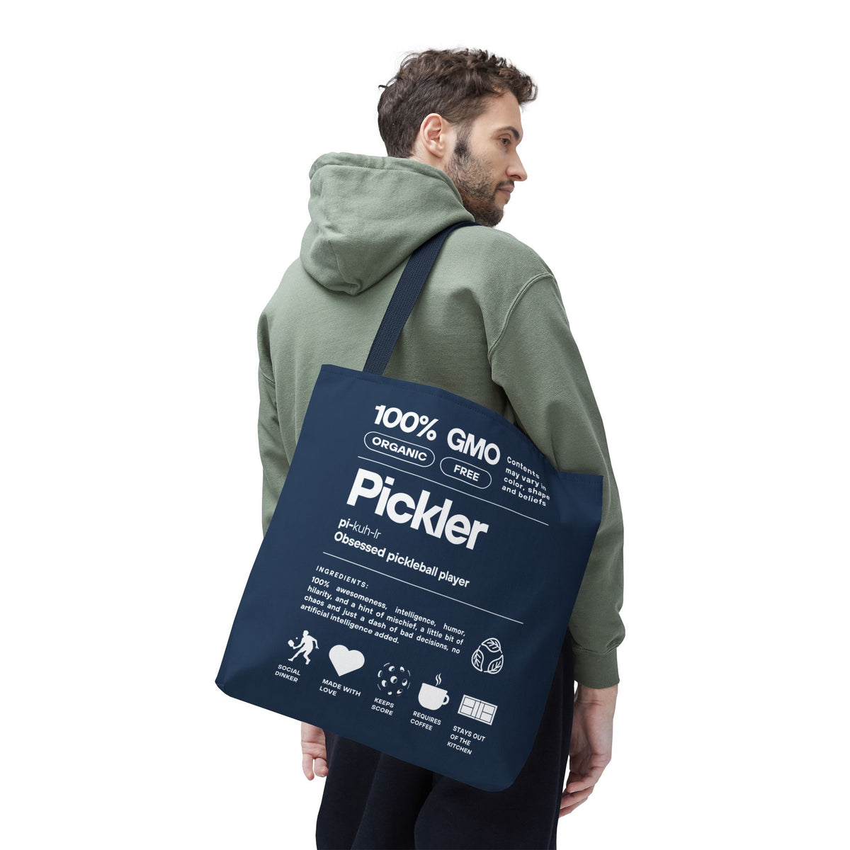 Pickleball Tote Bag - Funny Male Pickler - Large Navy Shoulder Bag - Navy handle - Closeup - PeaMacTees