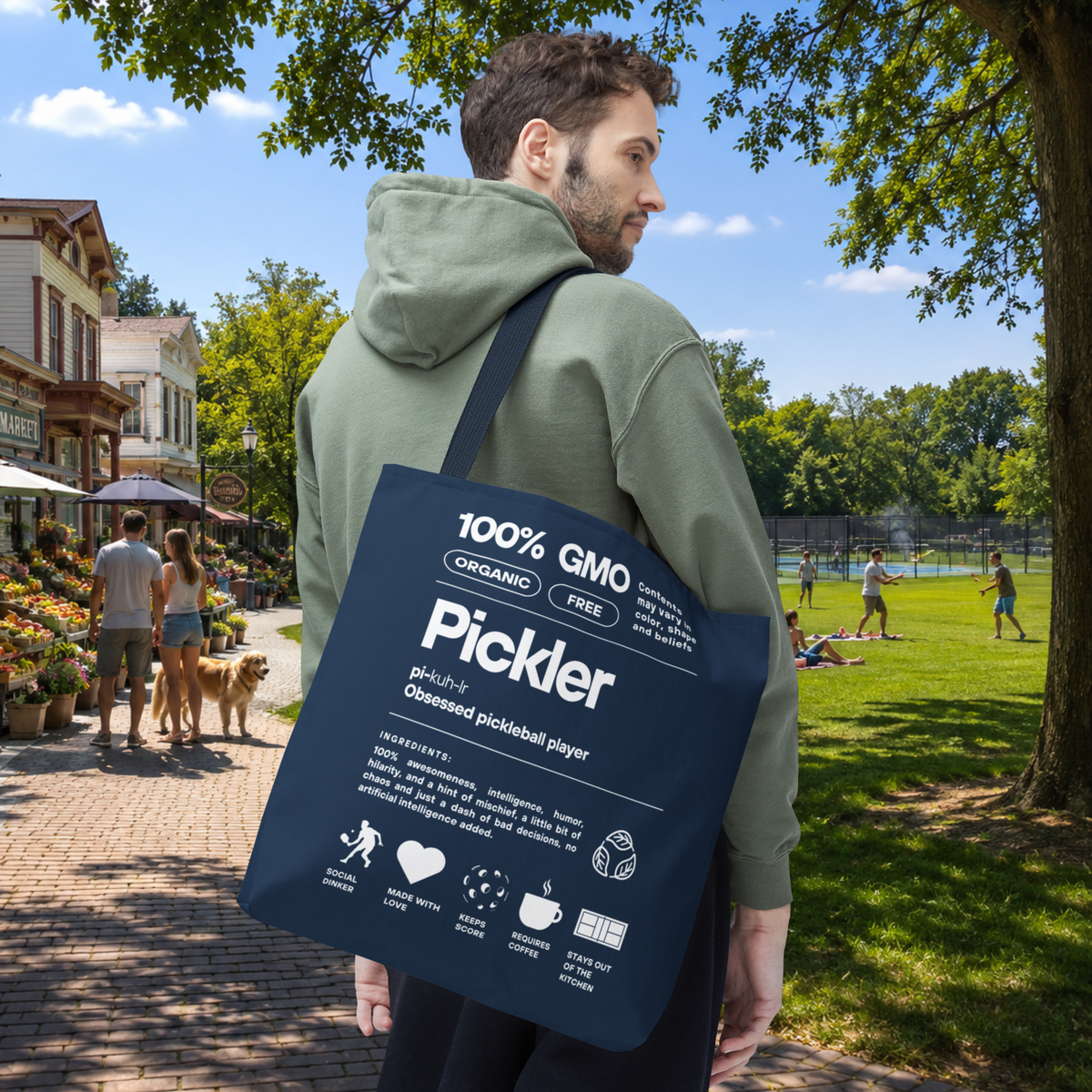 Pickleball Tote Bag - Funny Male Pickler - Large Navy Shoulder Bag - Navy handle - Front - PeaMacTees