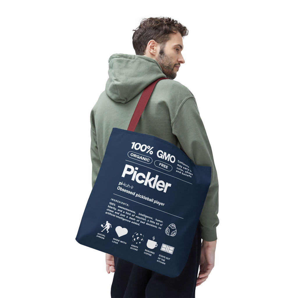 Pickleball Tote Bag - Funny Male Pickler - Large Navy Shoulder Bag - Red handle - Front - PeaMacTees
