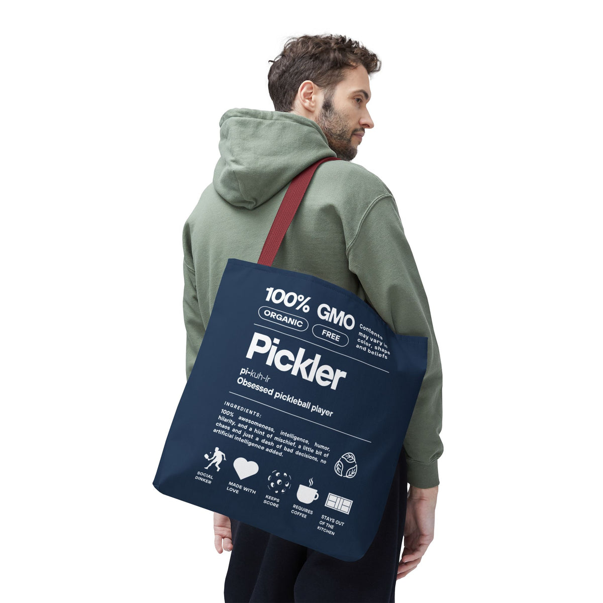 Pickleball Tote Bag - Funny Male Pickler - Large Navy Shoulder Bag - Red handle - Front - PeaMacTees