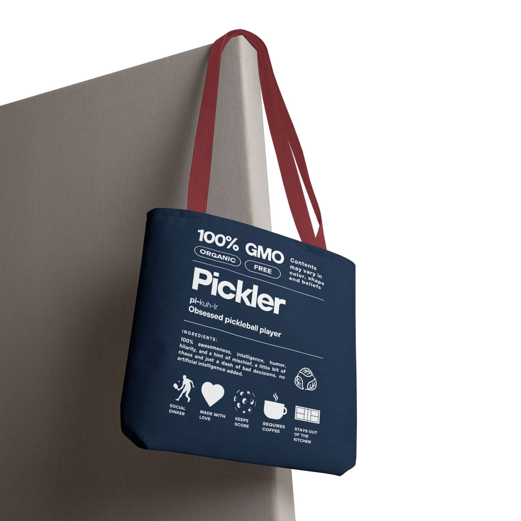Pickleball Tote Bag - Funny Male Pickler - Large Navy Shoulder Bag - Red handle - Hanging - PeaMacTees