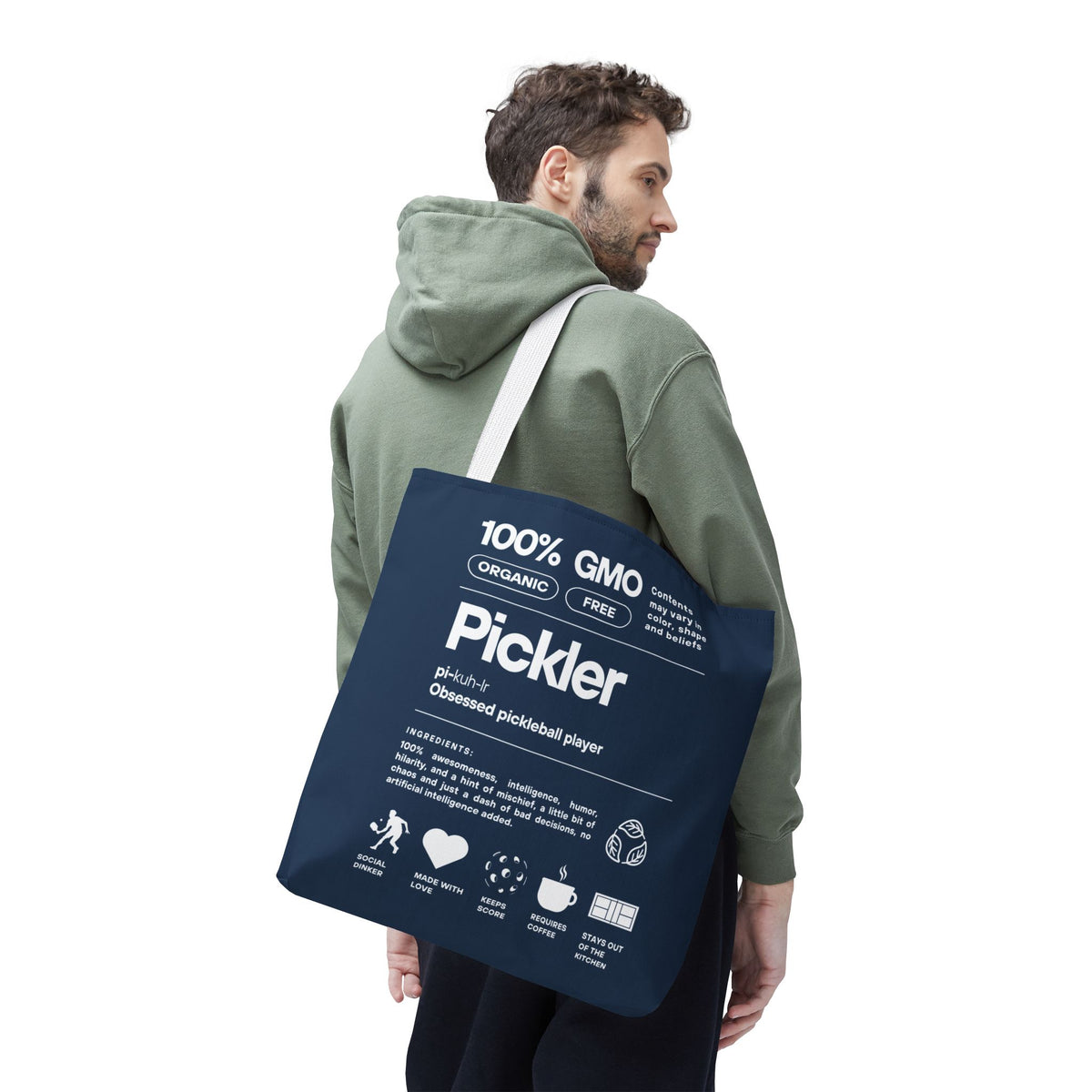 Pickleball Tote Bag - Funny Male Pickler - Large Navy Shoulder Bag - White handle - Front - PeaMacTees