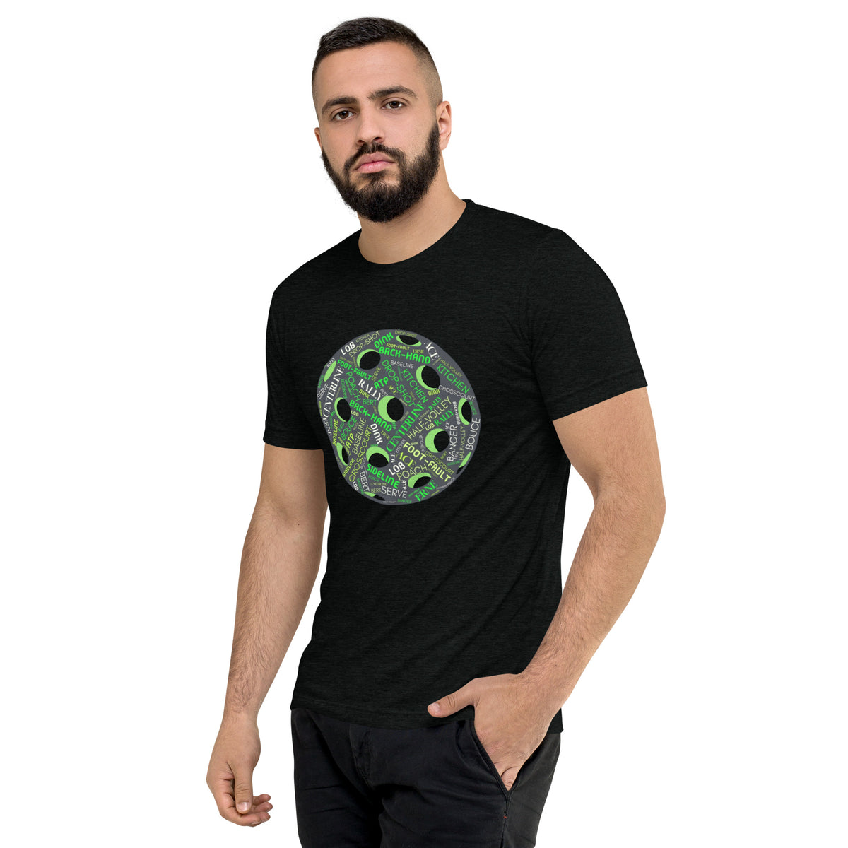 Pickleball Word Cloud Tee - Dink Pickle Kitchen Graphic Shirt - Solid Black - Left front - PeaMacTees