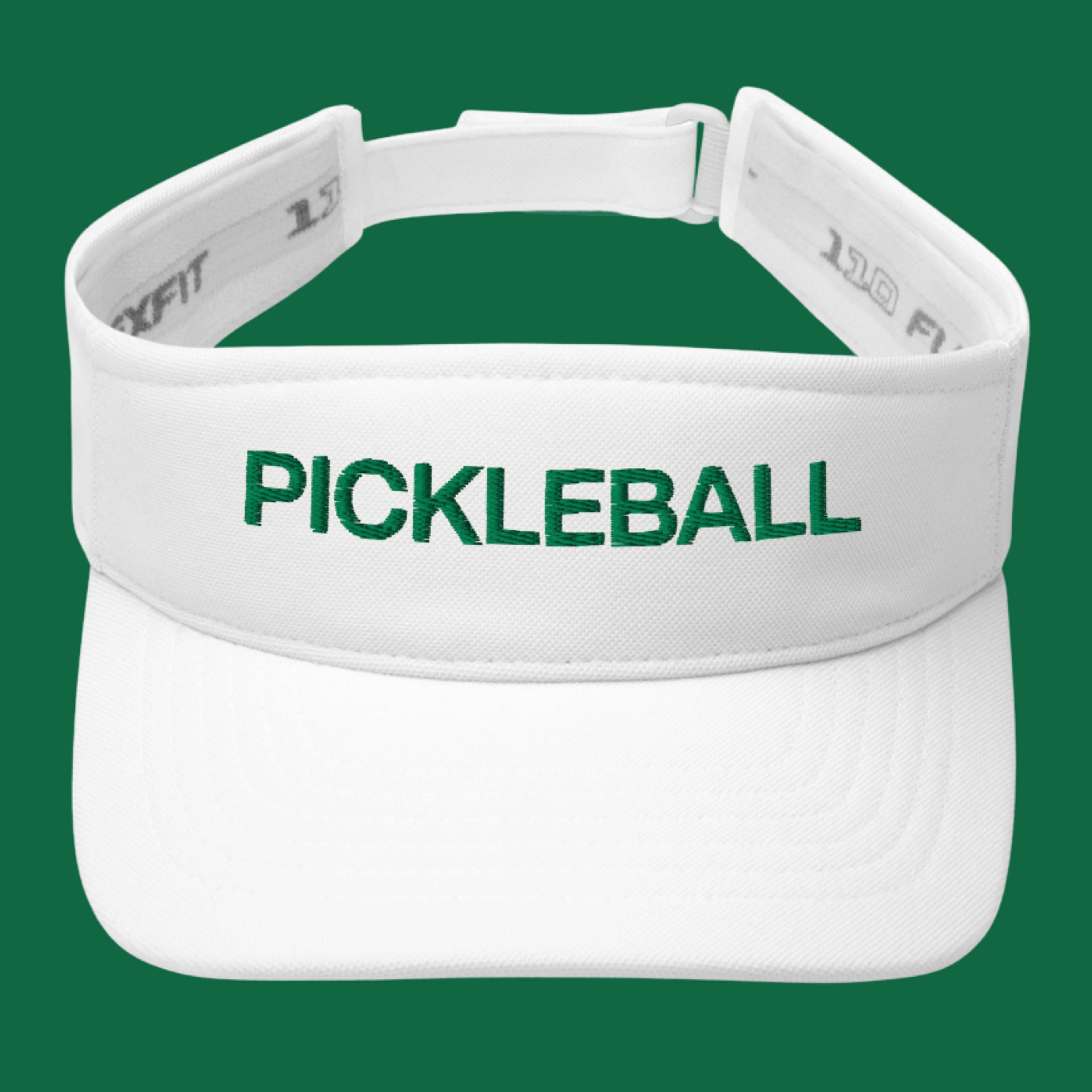 Green embroidered pickleball visor hat by PeaMac Pickleball Tees, featuring adjustable strap and sporty design.