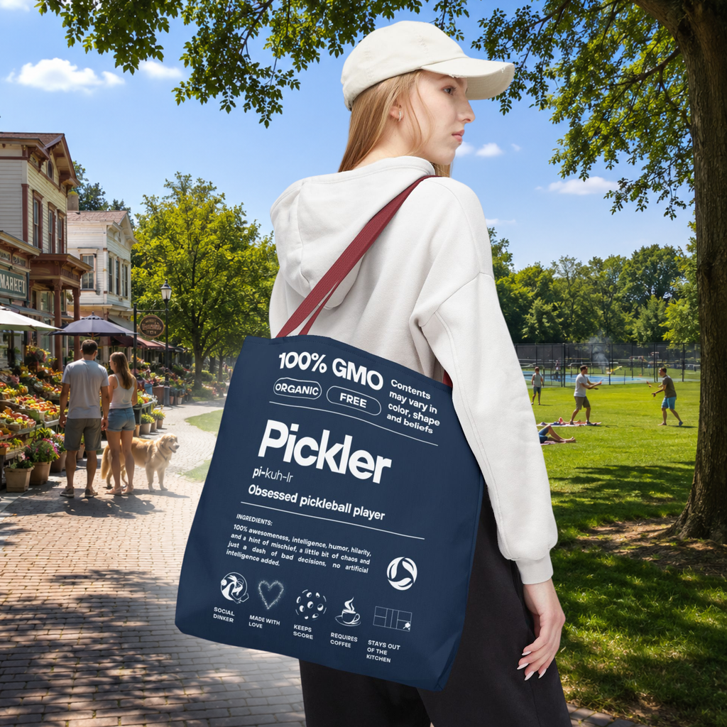 Pickler Tote Bag - Funny Female Pickleball Player Shoulder Carryall - Navy handle - Front - PeaMacTees