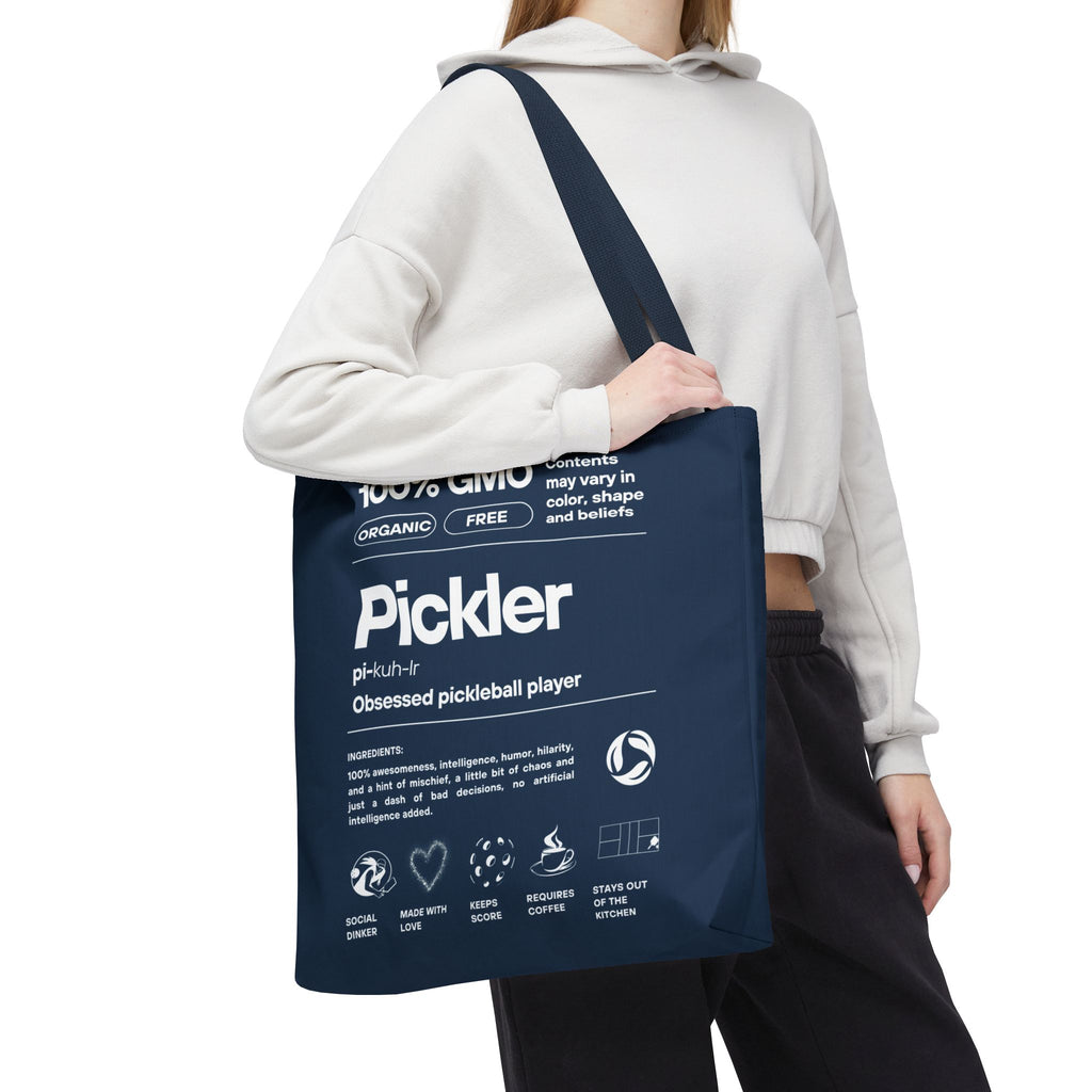 Pickler Tote Bag - Funny Female Pickleball Player Shoulder Carryall - Navy handle - Model - PeaMacTees