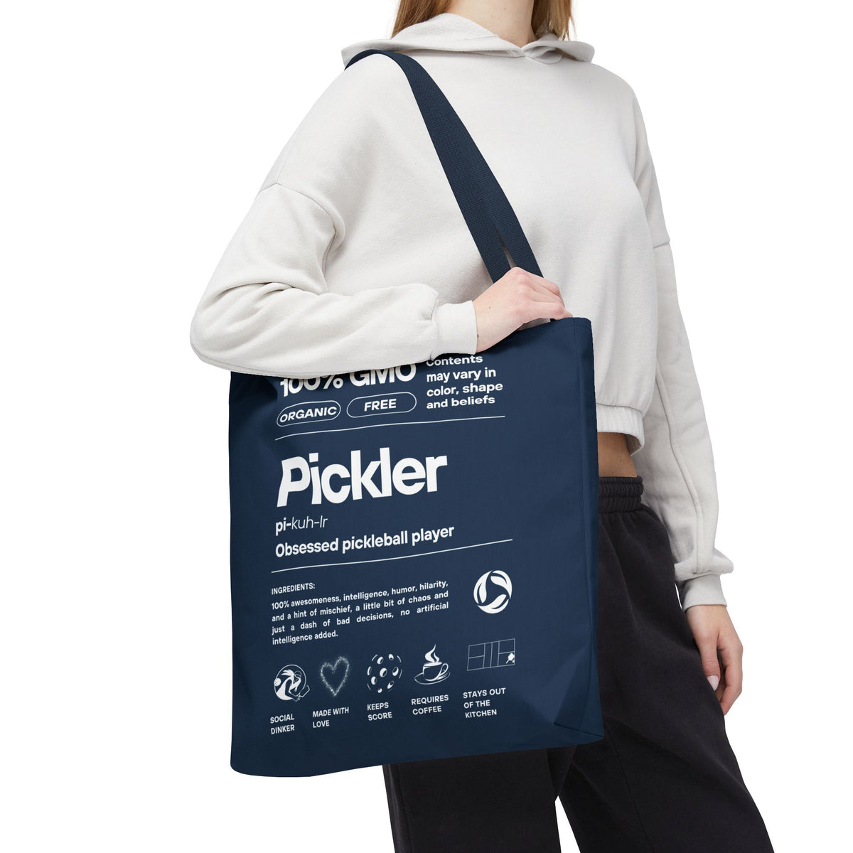 Pickler Tote Bag - Funny Female Pickleball Player Shoulder Carryall - Navy handle - Model - PeaMacTees