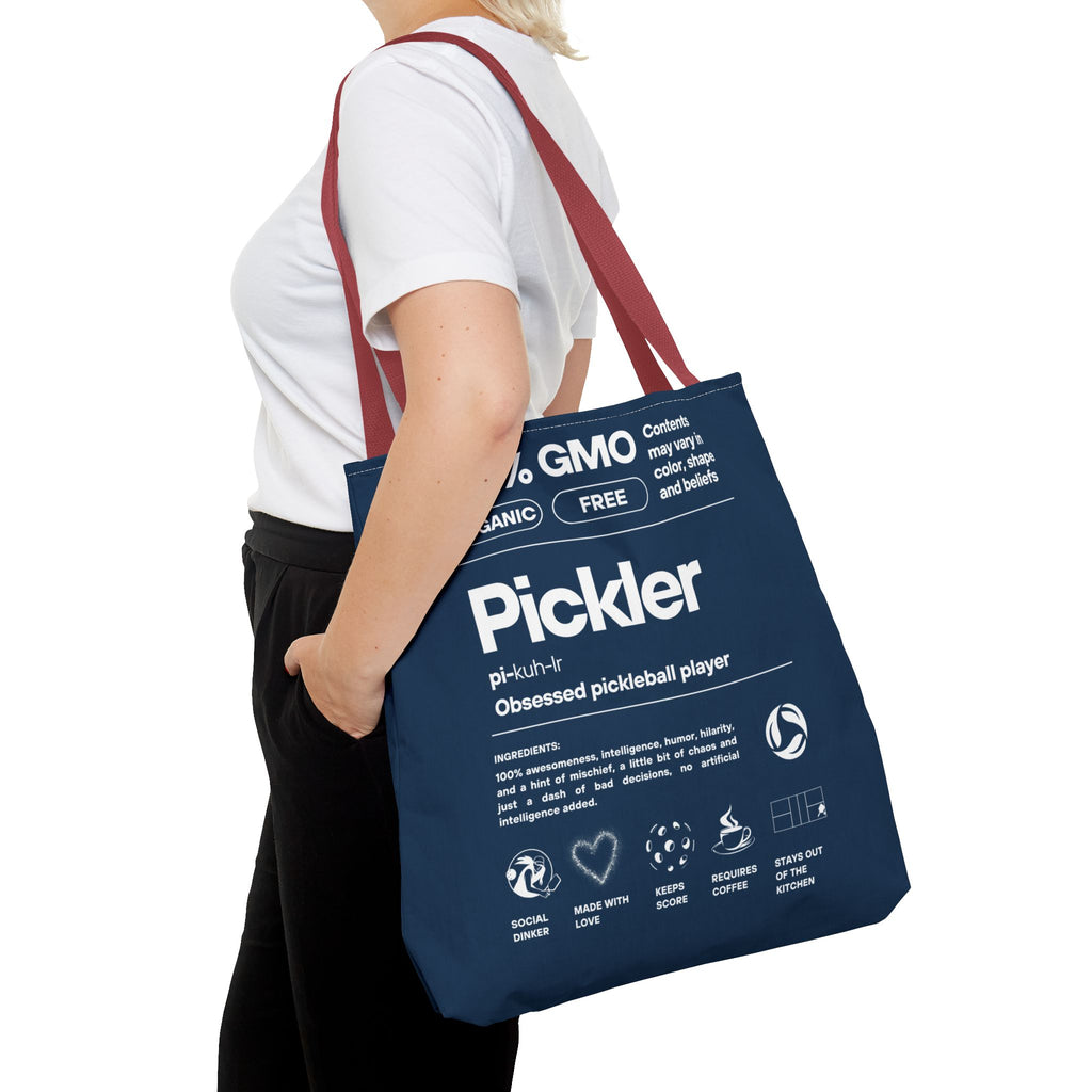 Pickler Tote Bag - Funny Female Pickleball Player Shoulder Carryall - Red handle - Closeup - PeaMacTees
