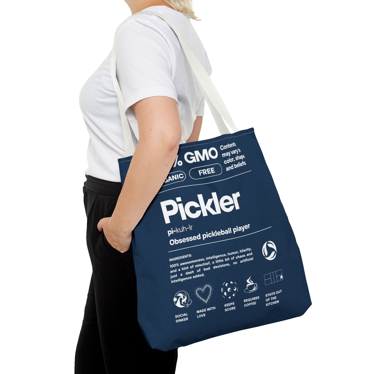 Pickler Tote Bag - Funny Female Pickleball Player Shoulder Carryall - Red handle - Front - PeaMacTees