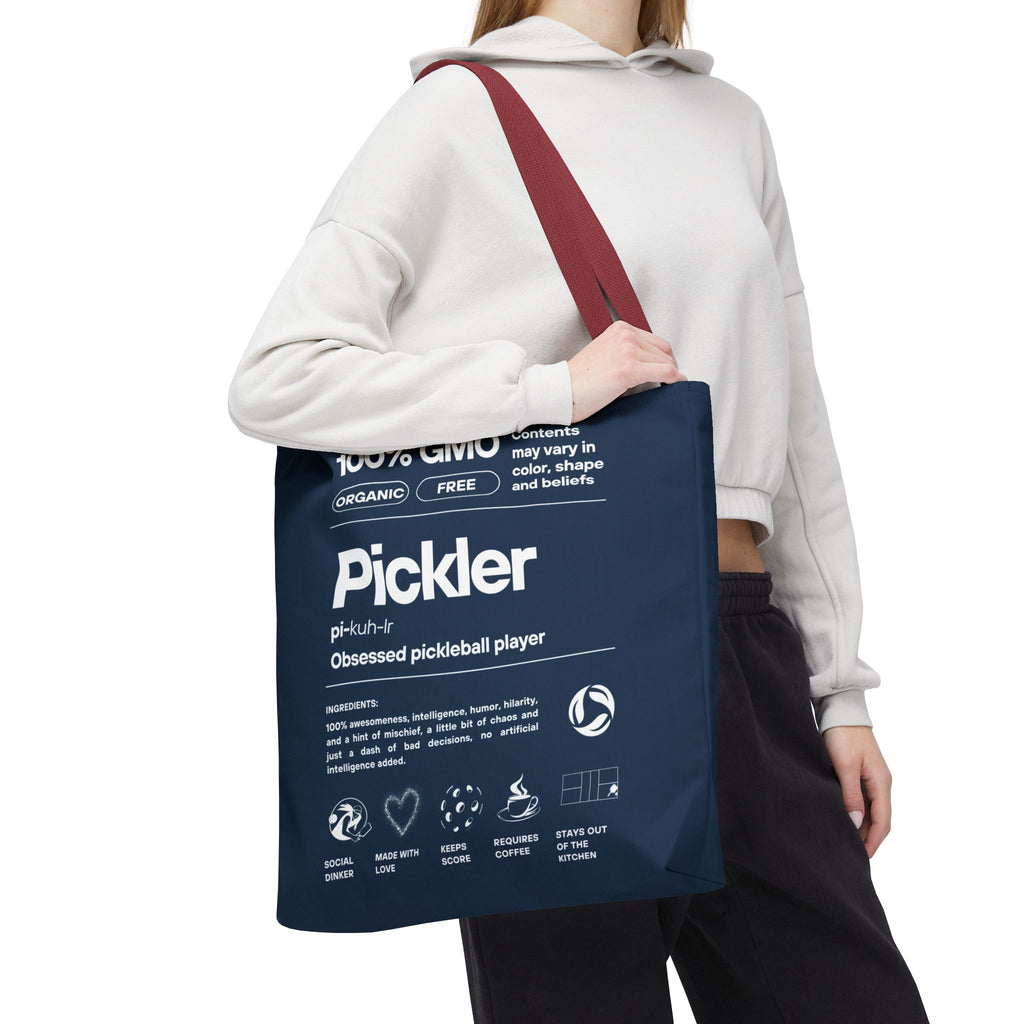 Pickler Tote Bag - Funny Female Pickleball Player Shoulder Carryall - Red handle - Model - PeaMacTees