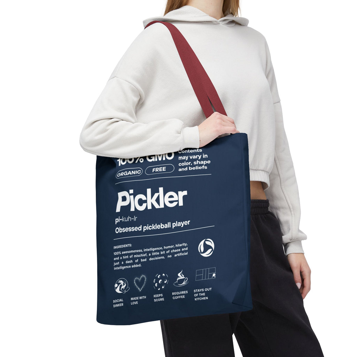 Pickler Tote Bag - Funny Female Pickleball Player Shoulder Carryall - Red handle - Model - PeaMacTees