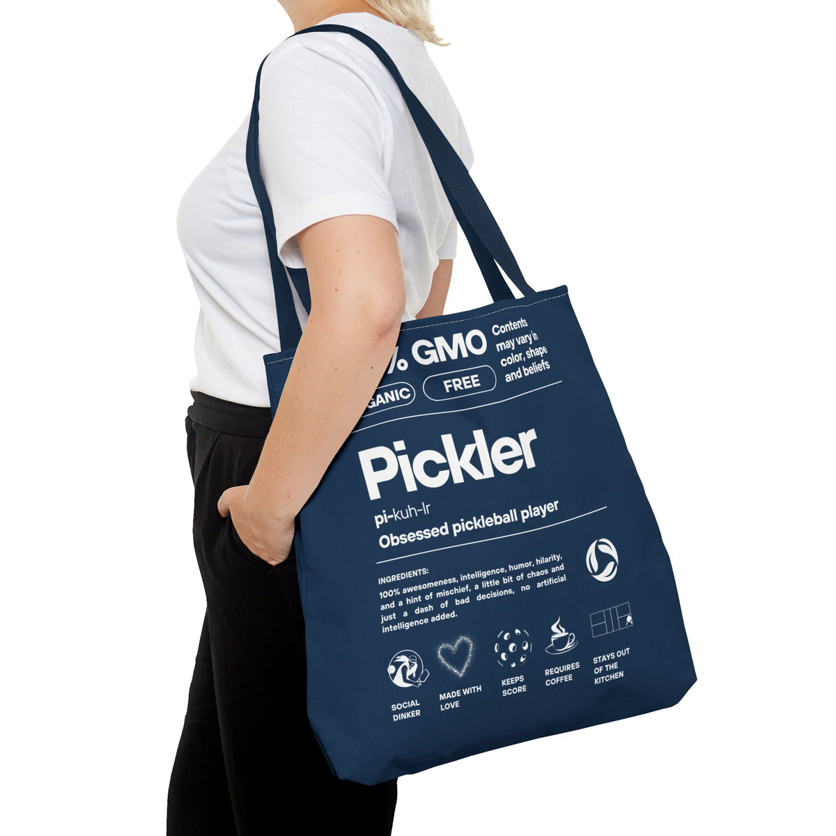 Pickler Tote Bag - Funny Female Pickleball Player Shoulder Carryall - White handle - Front - PeaMacTees