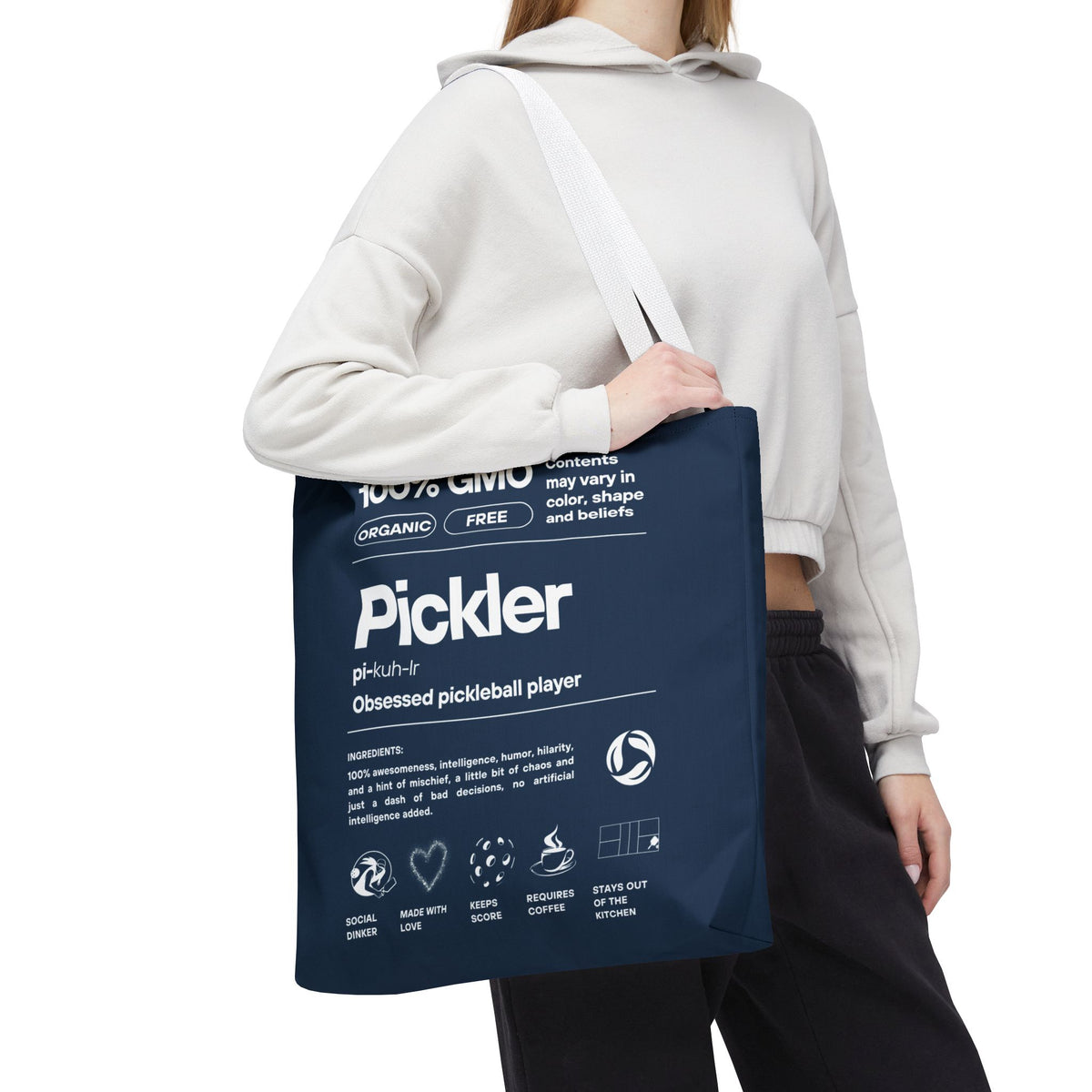 Pickler Tote Bag - Funny Female Pickleball Player Shoulder Carryall - White handle - Model - PeaMacTees