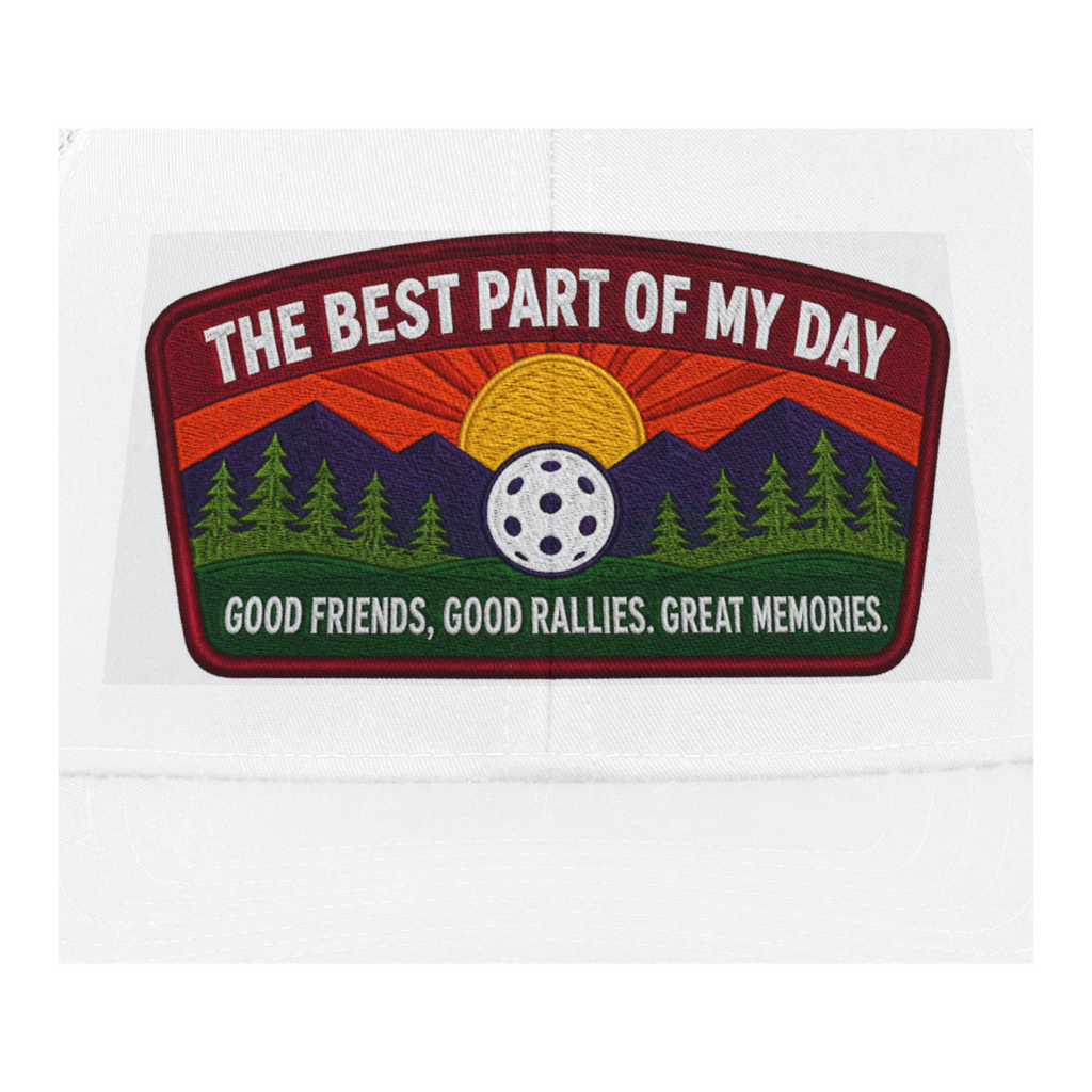 An embroidered patch with a mountain and sunset design, featuring the text 'THE BEST PART OF MY DAY' at the top and 'GOOD FRIENDS, GOOD RALLIES, GREAT MEMORIES.' at the bottom, shown on a white fabric background.