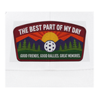 An embroidered patch with a mountain and sunset design, featuring the text 'THE BEST PART OF MY DAY' at the top and 'GOOD FRIENDS, GOOD RALLIES, GREAT MEMORIES.' at the bottom, shown on a white fabric background.