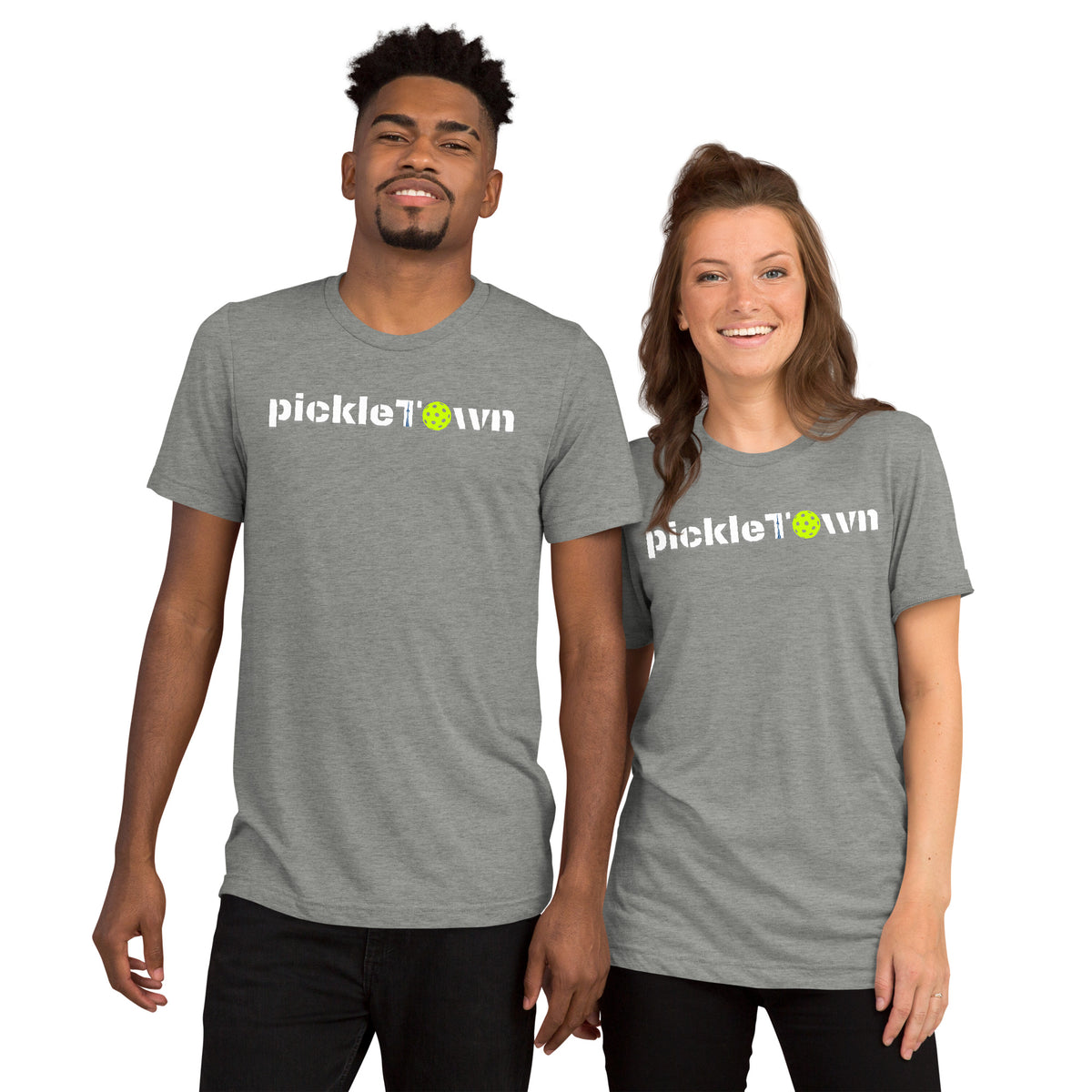Toronto PickleTOwn T-Shirt — The 6ix Pickleball Tee with CN Tower & Pickleball 'O' - Athletic Grey Triblend - Front - PeaMacTees
