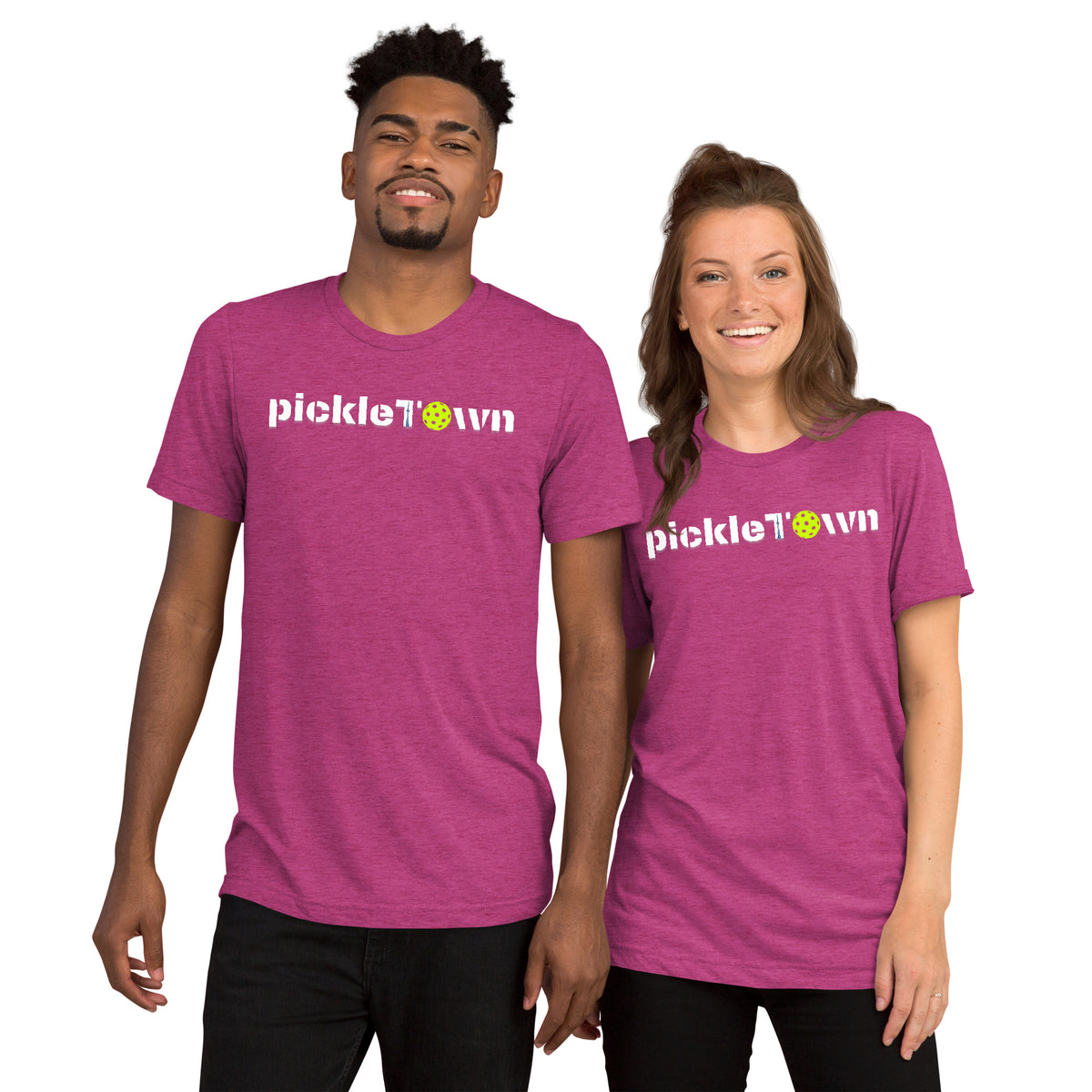 Toronto PickleTOwn T-Shirt — The 6ix Pickleball Tee with CN Tower & Pickleball 'O' - Berry Triblend - Front - PeaMacTees