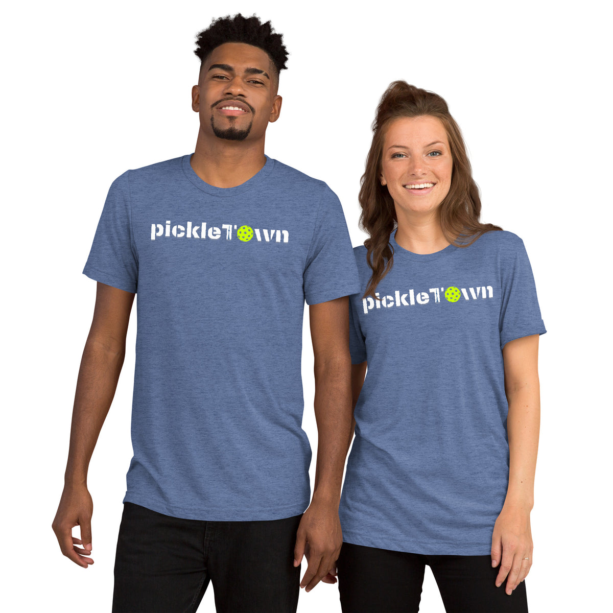 Toronto PickleTOwn T-Shirt — The 6ix Pickleball Tee with CN Tower & Pickleball 'O' - Blue Triblend - Front - PeaMacTees