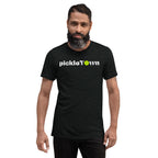 Toronto PickleTOwn T-Shirt — The 6ix Pickleball Tee with CN Tower & Pickleball 'O' - Charcoal-Black Triblend - Front 2 - PeaMacTees