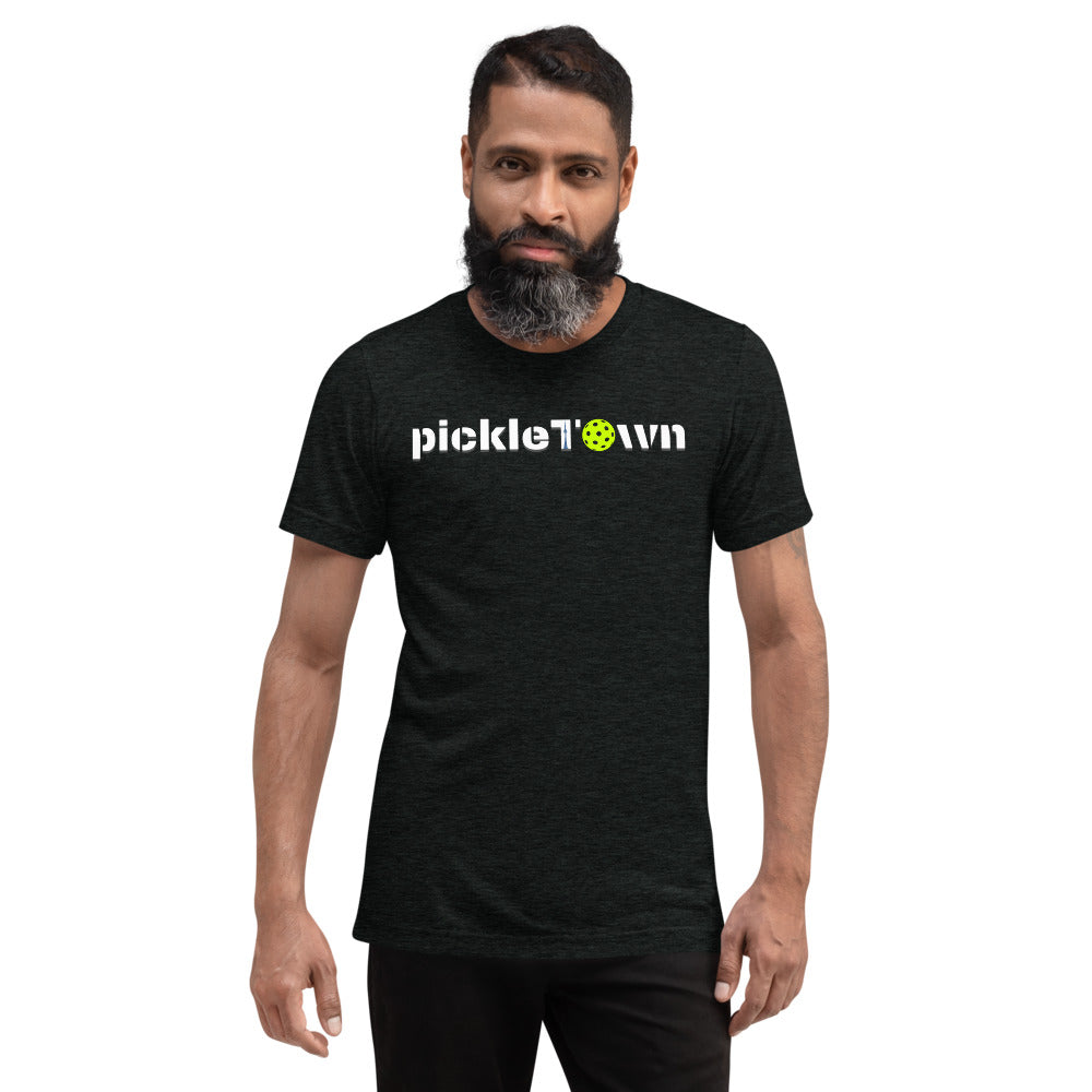Toronto PickleTOwn T-Shirt — The 6ix Pickleball Tee with CN Tower & Pickleball 'O' - Charcoal-Black Triblend - Front 2 - PeaMacTees