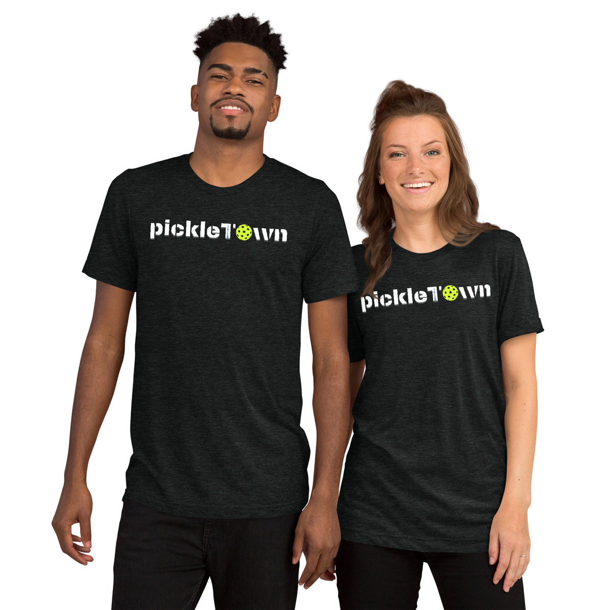 Toronto PickleTOwn T-Shirt — The 6ix Pickleball Tee with CN Tower & Pickleball 'O' - Charcoal-Black Triblend - Front - PeaMacTees