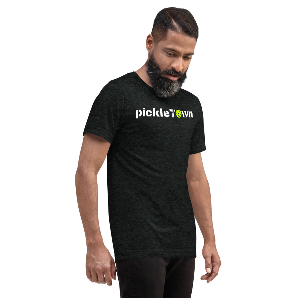 Toronto PickleTOwn T-Shirt — The 6ix Pickleball Tee with CN Tower & Pickleball 'O' - Charcoal-Black Triblend - Front right - PeaMacTees