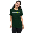 Toronto PickleTOwn T-Shirt — The 6ix Pickleball Tee with CN Tower & Pickleball 'O' - Emerald Triblend - Front 2 - PeaMacTees
