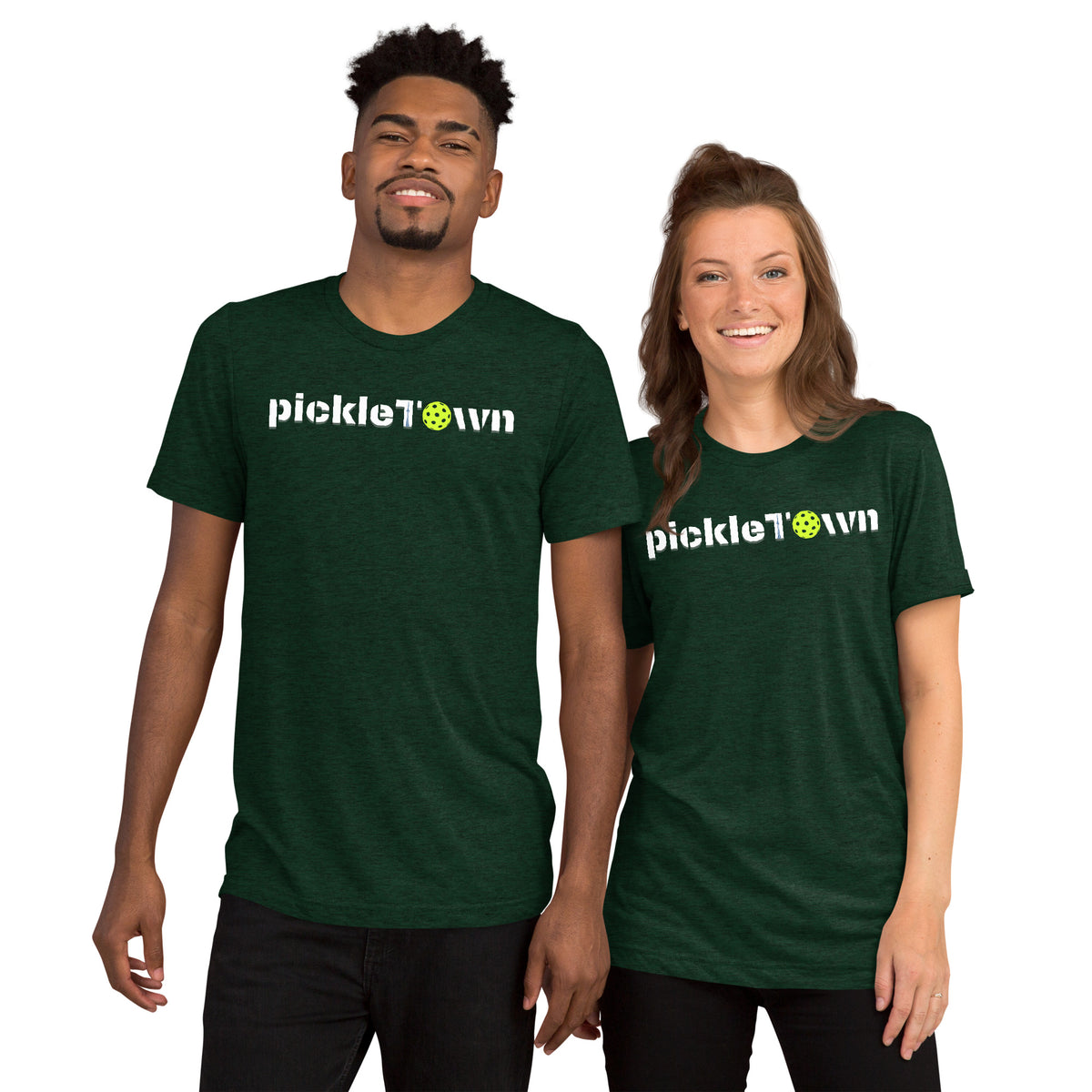 Toronto PickleTOwn T-Shirt — The 6ix Pickleball Tee with CN Tower & Pickleball 'O' - Emerald Triblend - Front - PeaMacTees