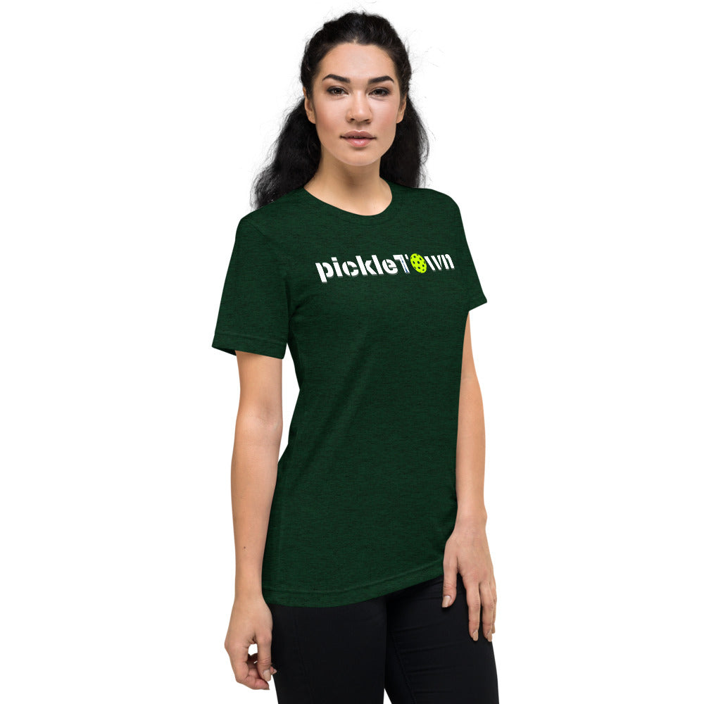 Toronto PickleTOwn T-Shirt — The 6ix Pickleball Tee with CN Tower & Pickleball 'O' - Emerald Triblend - Front right - PeaMacTees