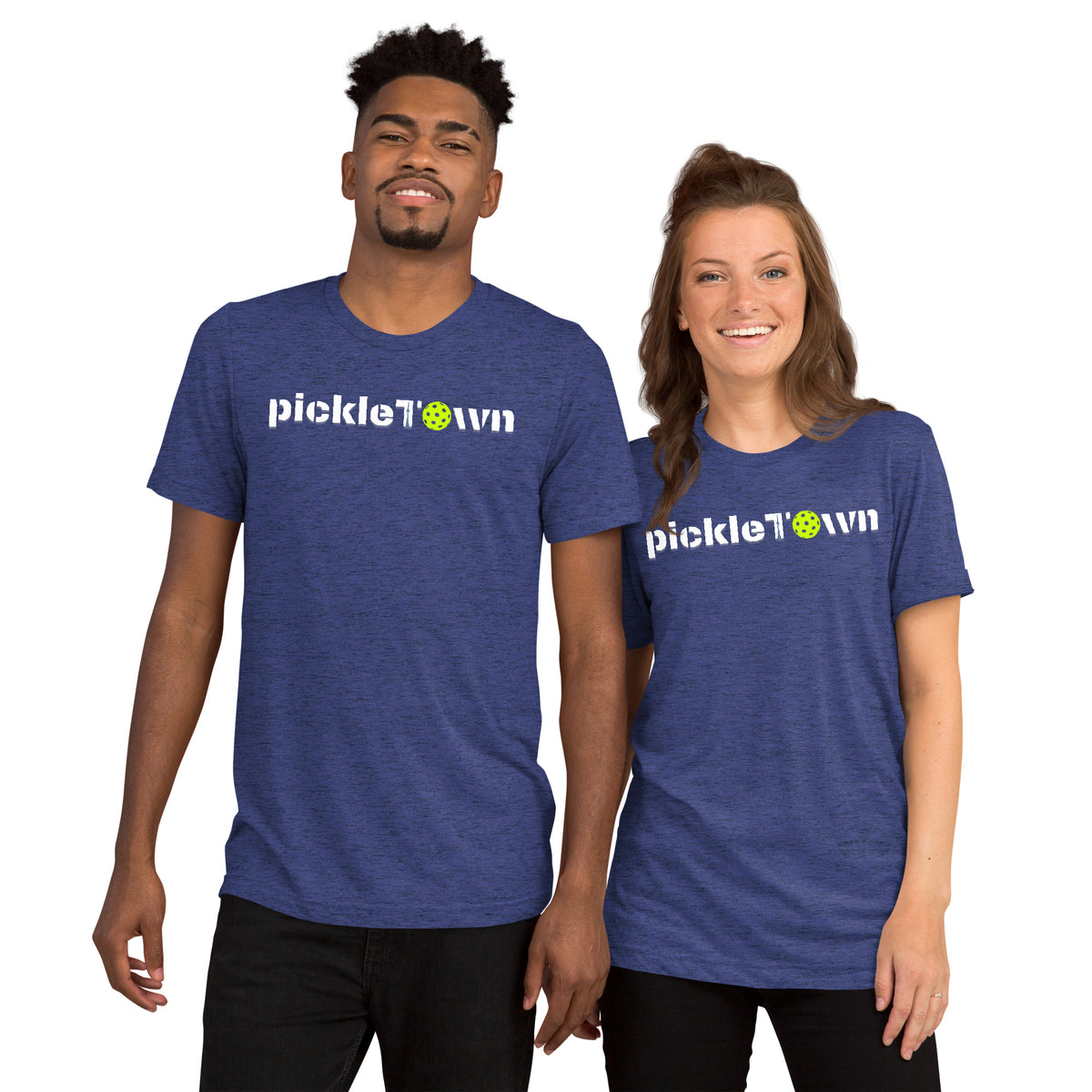 Toronto PickleTOwn T-Shirt — The 6ix Pickleball Tee with CN Tower & Pickleball 'O' - Navy Triblend - Front - PeaMacTees