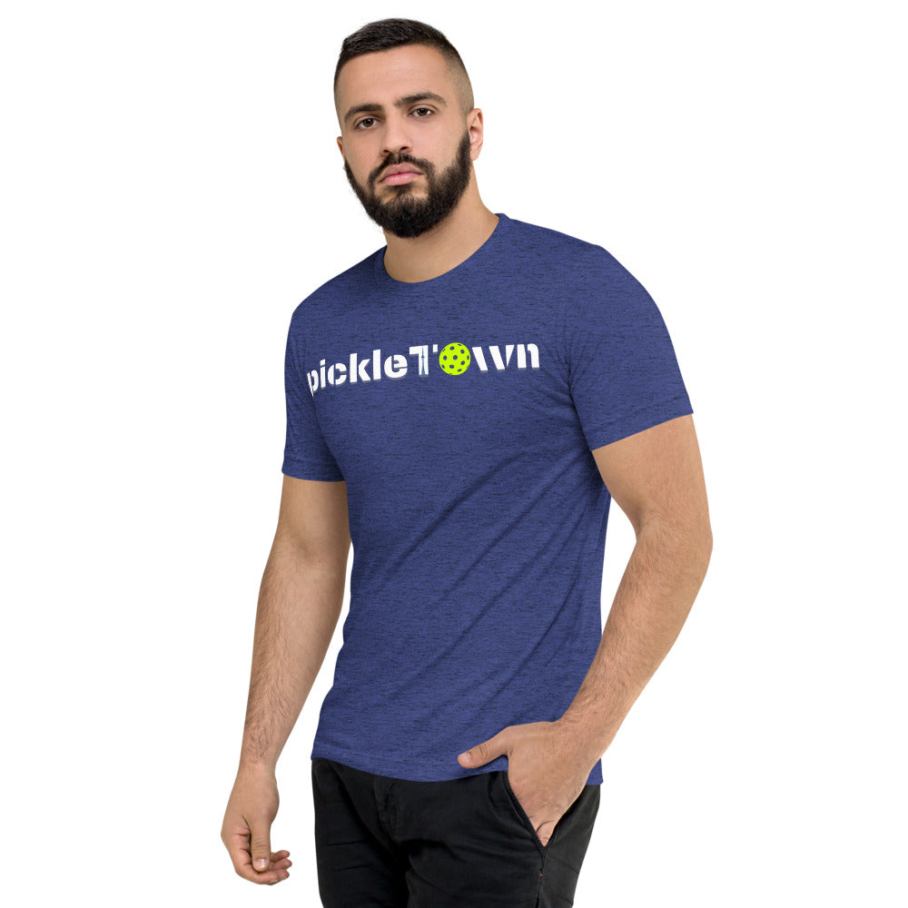 Toronto PickleTOwn T-Shirt — The 6ix Pickleball Tee with CN Tower & Pickleball 'O' - Navy Triblend - Front left - PeaMacTees