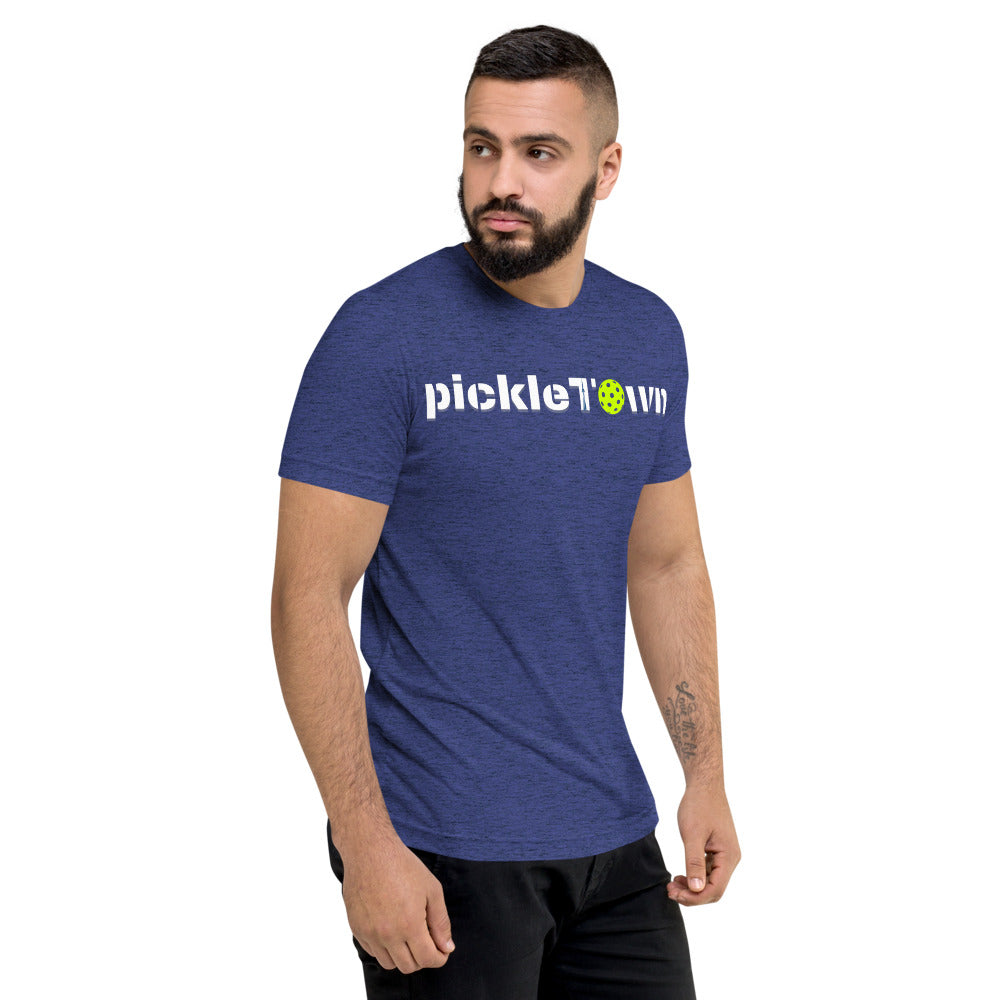 Toronto PickleTOwn T-Shirt — The 6ix Pickleball Tee with CN Tower & Pickleball 'O' - Navy Triblend - Front right - PeaMacTees