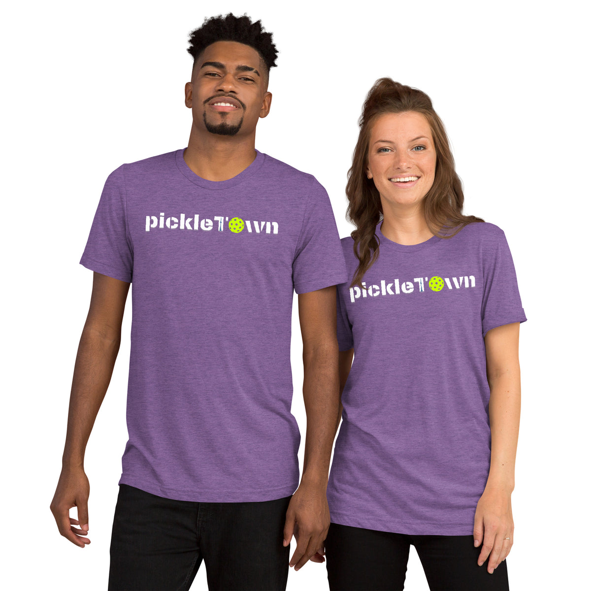 Toronto PickleTOwn T-Shirt — The 6ix Pickleball Tee with CN Tower & Pickleball 'O' - Purple Triblend - Front - PeaMacTees
