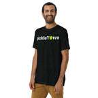 Toronto PickleTOwn T-Shirt — The 6ix Pickleball Tee with CN Tower & Pickleball 'O' - Solid Black Triblend - Front 2 - PeaMacTees
