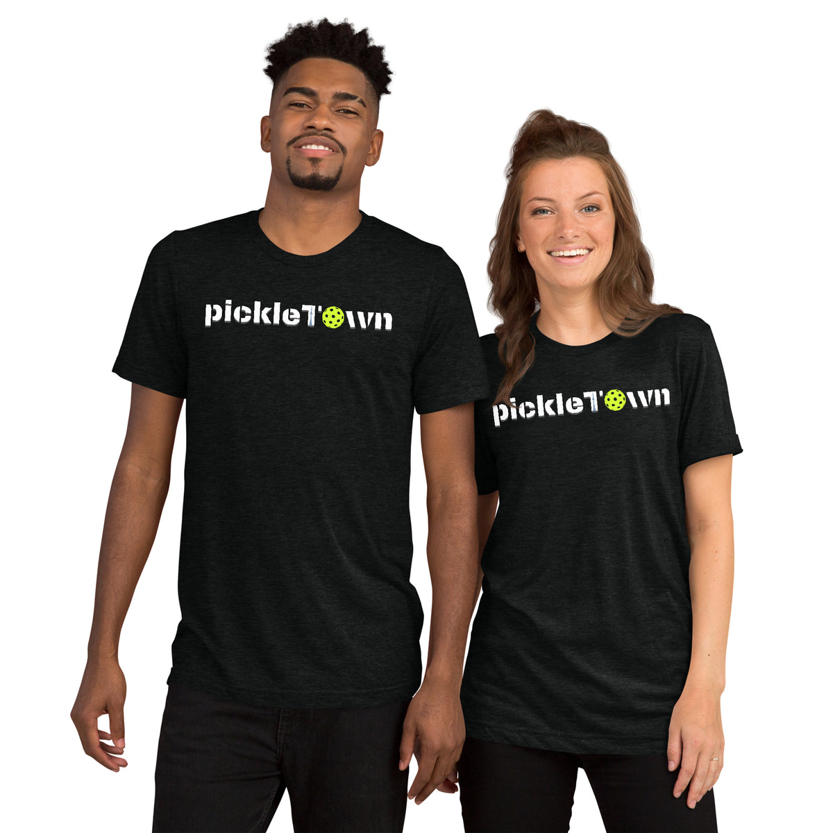 Toronto PickleTOwn T-Shirt — The 6ix Pickleball Tee with CN Tower & Pickleball 'O' - Solid Black Triblend - Front - PeaMacTees
