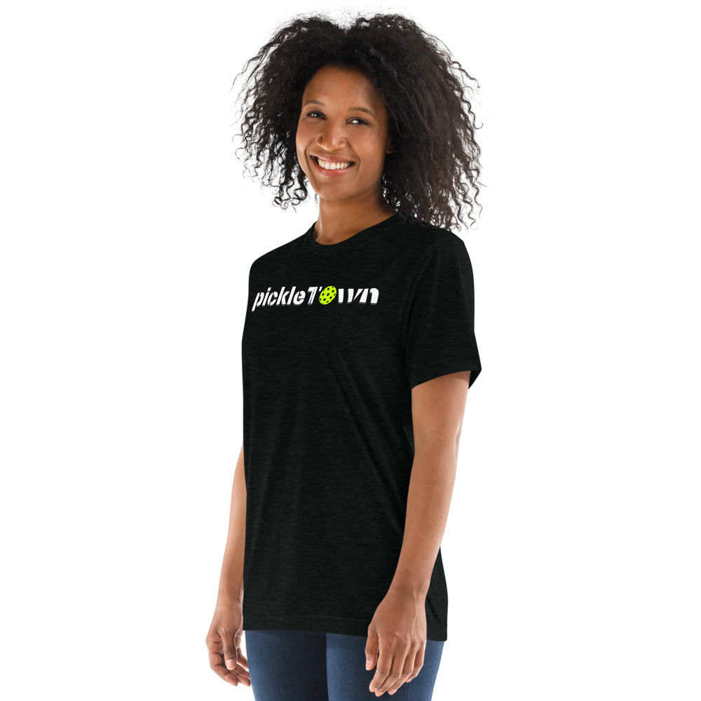 Toronto PickleTOwn T-Shirt — The 6ix Pickleball Tee with CN Tower & Pickleball 'O' - Solid Black Triblend - Front left 2 - PeaMacTees