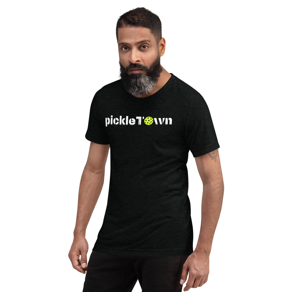 Toronto PickleTOwn T-Shirt — The 6ix Pickleball Tee with CN Tower & Pickleball 'O' - Solid Black Triblend - Front left - PeaMacTees