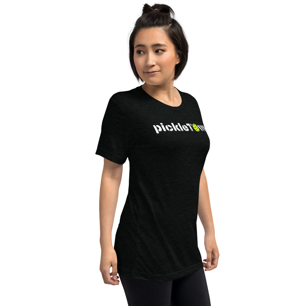 Toronto PickleTOwn T-Shirt — The 6ix Pickleball Tee with CN Tower & Pickleball 'O' - Solid Black Triblend - Front right - PeaMacTees