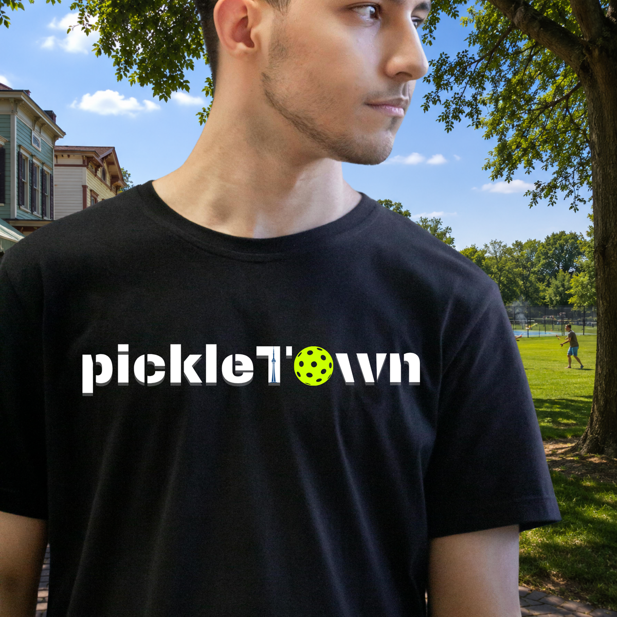 Toronto PickleTOwn T-Shirt — The 6ix Pickleball Tee with CN Tower & Pickleball 'O' - Solid Black Triblend - Lifestyle - PeaMacTees