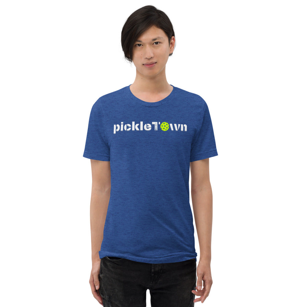 Toronto PickleTOwn T-Shirt — The 6ix Pickleball Tee with CN Tower & Pickleball 'O' - True Royal Triblend - Front 2 - PeaMacTees