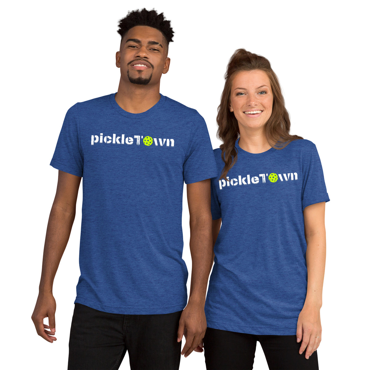 Toronto PickleTOwn T-Shirt — The 6ix Pickleball Tee with CN Tower & Pickleball 'O' - True Royal Triblend - Front - PeaMacTees