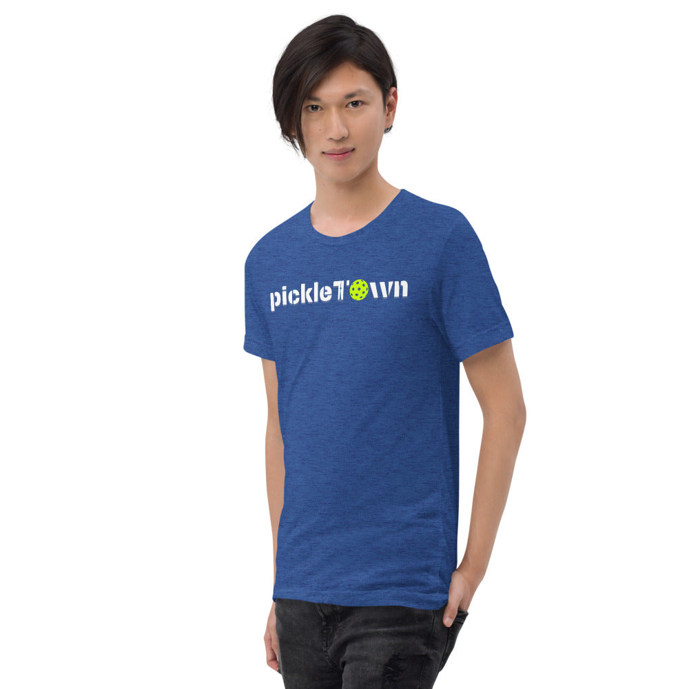 Toronto PickleTOwn T-Shirt — The 6ix Pickleball Tee with CN Tower & Pickleball 'O' - True Royal Triblend - Front left - PeaMacTees