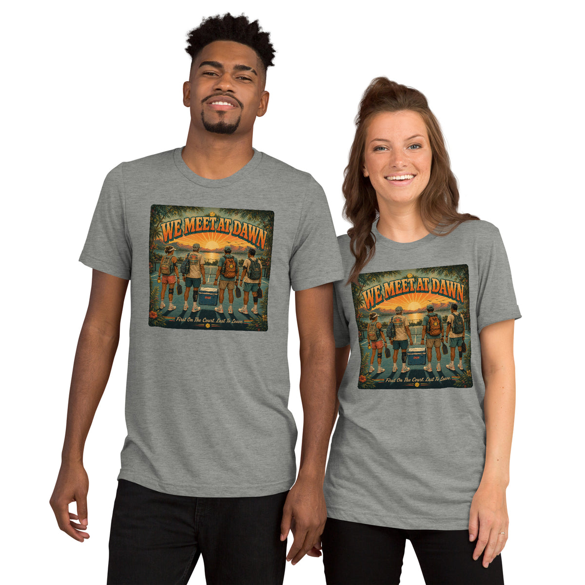 We Meet at Dawn Pickleball T-Shirt - Premium Unisex Lifestyle Tee - Athletic Grey - Front - PeaMacTees