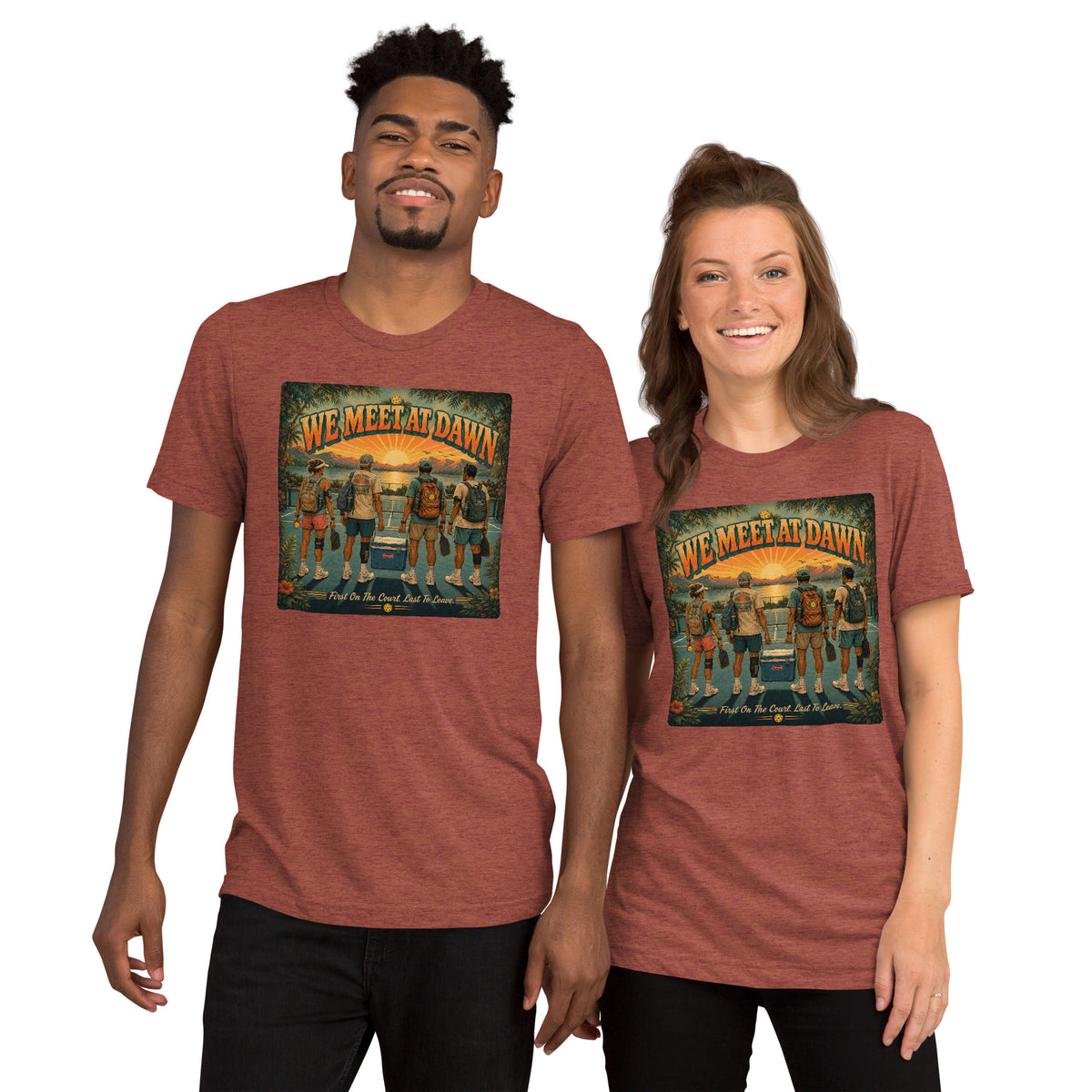 We Meet at Dawn Pickleball T-Shirt - Premium Unisex Lifestyle Tee - Clay - Front - PeaMacTees