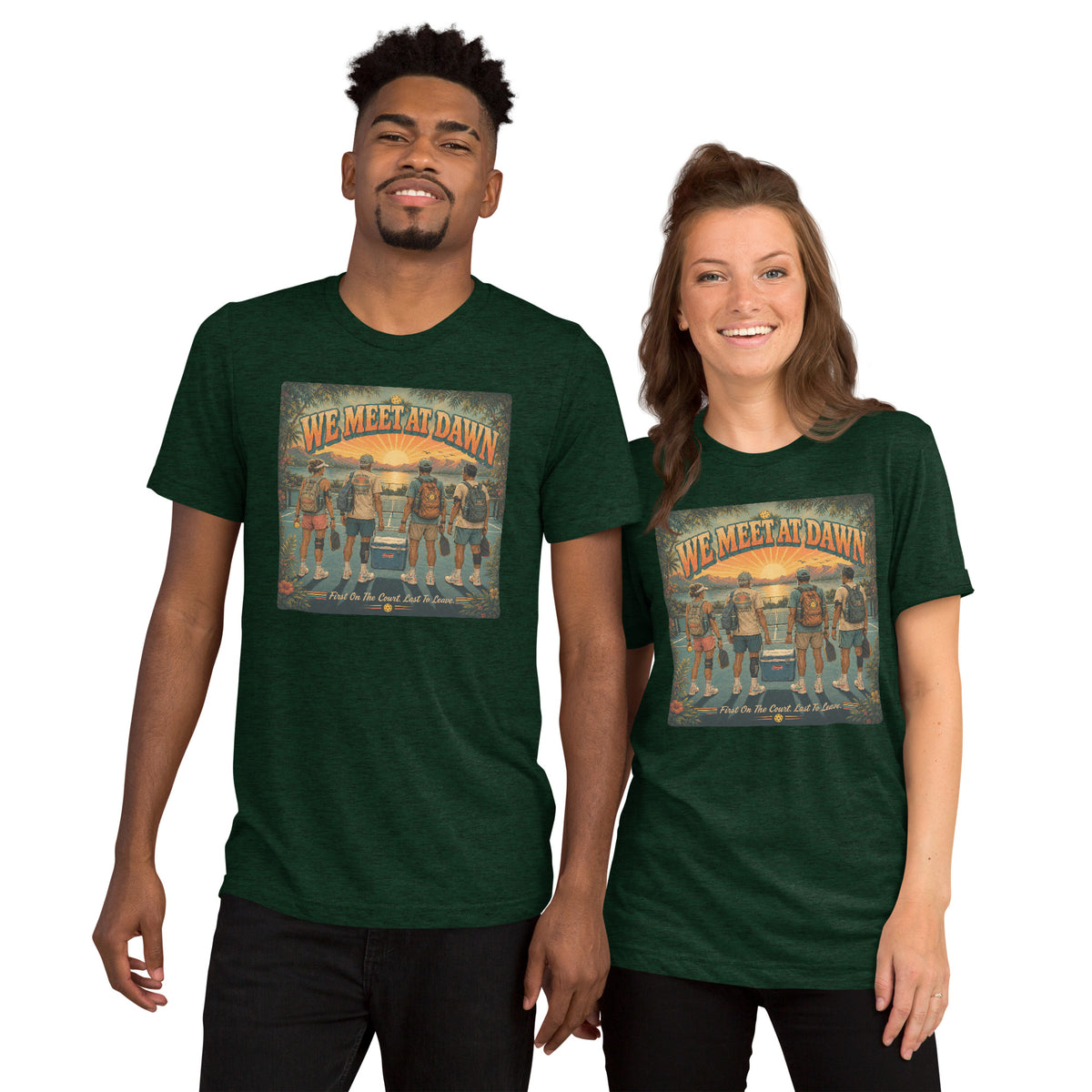 We Meet at Dawn Pickleball T-Shirt - Premium Unisex Lifestyle Tee - Emerald - Front - PeaMacTees