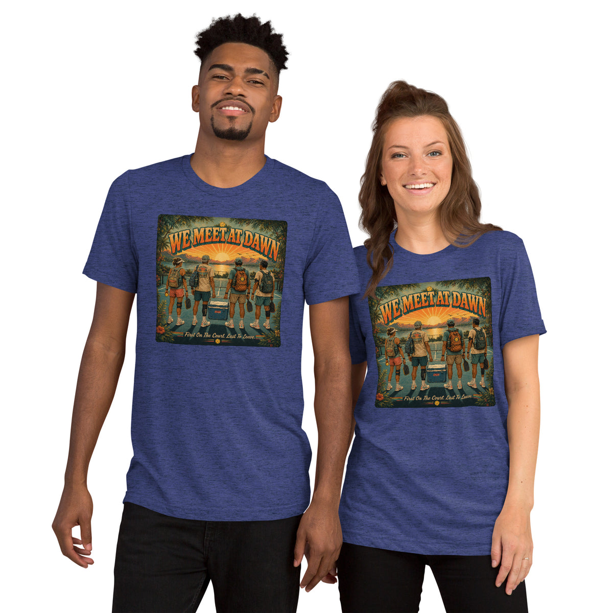 We Meet at Dawn Pickleball T-Shirt - Premium Unisex Lifestyle Tee - Navy - Front - PeaMacTees