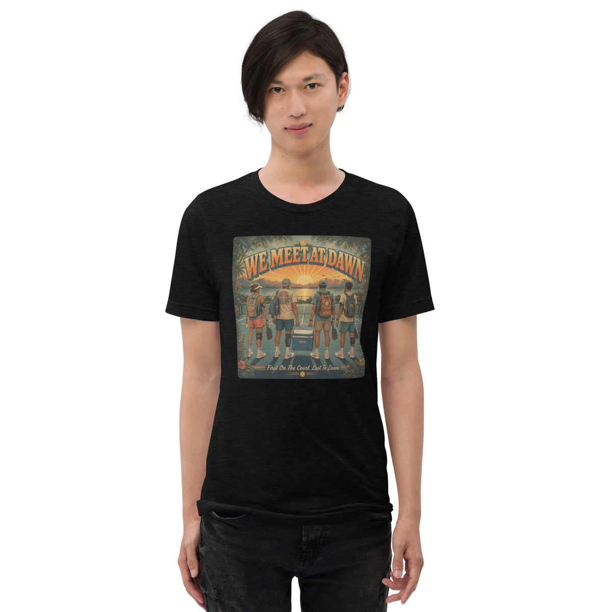 We Meet at Dawn Pickleball T-Shirt - Premium Unisex Lifestyle Tee - Solid Black - Front 2 - PeaMacTees